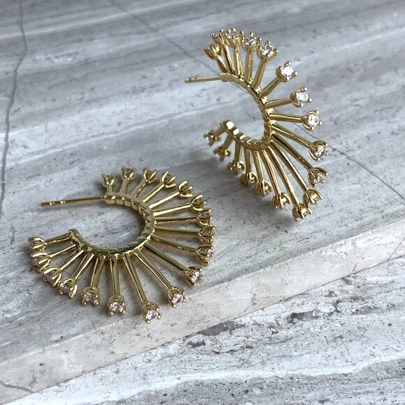 New ~ Anthropologie Gold Sunburst Crystal Tip Hoop Earrings - Picture 6 of 7